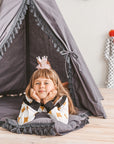 MINICAMP Grey Teepee for Kids - Handmade Pompoms, Boho Play Tent, Natural Cotton & Wooden Poles by Minicamp at brixbailey.com