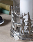 Silver stag hurricane lantern with frosted glass, intricate woodland metalwork in elegant silver finish by sostter at brixbailey.com
