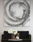Hand-painted abstract canvas with silver and grey swirling patterns on premium wood frame, 150cm square by Sostter at brixbailey.com