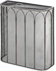 Handcrafted black metal Gothic firescreen with peaked arch design, protecting fireplace with medieval-inspired elegance. by sostter at brixbailey.com