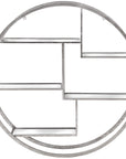 Modern silver metal wall shelf with circular geometric design, multi-level for decor and plants, 92cm wide. by Sostter at brixbailey.com