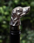 Silver nickel dog head wine bottle stopper, elegant metal bar accessory with detailed canine sculpture by RoomLondon at brixbailey.com
