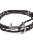Silver Anchor and Braided Leather Bracelet Dark Brown