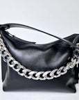 Black Leather Handbag with Metallic Straps