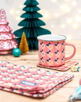 ROSE PINK GIFT SET For Her Retro Floral Enamel Cup - Beautiful Tin Mug - Cork Coaster - Pin Badge - Tea Towel - Colourful Home