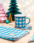 BLUE GIFT BUNDLE For Her Ocean Blue Retro Floral Enamel Cup Campervan Tin Mug Tea Towel Turquoise Colour Pop Home