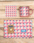 ROSE PINK GIFT SET For Her Retro Floral Enamel Cup - Beautiful Tin Mug - Cork Coaster - Pin Badge - Tea Towel - Colourful Home