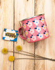 ROSE PINK GIFT SET For Her Retro Floral Enamel Cup - Beautiful Tin Mug - Cork Coaster - Pin Badge - Tea Towel - Colourful Home
