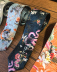 Navy Blue Silk Tie, 'Enticement' Pink Serpent design and tropical flowers