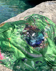 Large green silk scarf with mushroom and crystal, magical ‘Evissa’ print