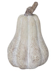Handcrafted wood-effect resin pumpkin with whitewashed finish, bronze leaf accents, and wooden stalk for autumn decor by RoomLondon at brixbailey.com