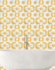 Faiza porcelain floor and wall tiles, luxury yellow and white Moroccan pattern, premium anti-slip outdoor and indoor tiles, no sealing required by Maria Starling Design at brixbailey.com