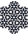 Luxury black and white hex cement tiles, premium fleur mosaic pattern for kitchen and bathroom floors and walls, stylish trending design by Maria Starling Design at brixbailey.com