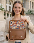 Floral Lined Leather Midi Satchel - Chestnut