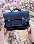 Floral Lined Leather Midi Satchel - Navy