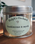 Luxury frankincense and myrrh scented candle, hand-poured in England with warm amber, rock rose, and woody cedar notes by Ralph's Orchard at brixbailey.com