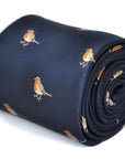 navy tie with embroidered robin design