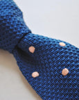 navy blue skinny knitted tie with powder pink polka dots