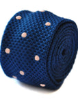 navy blue skinny knitted tie with powder pink polka dots