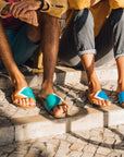 Premium vegan sandals in turquoise ocean white mustard terracotta, comfortable straps, soft anatomical footbed, slip-resistant sole, durable, fair trade Europe by Fünve at brixbailey.com