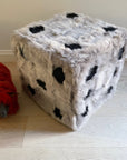 Retro 60s 70s furry dice cube pouffe, sustainable upcycled Tuscan shearling, taupe with black spots, stylish fun home decor by Wildash London at brixbailey.com