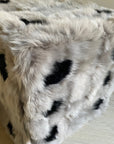 Retro 70s furry dice cube pouffe, luxury sustainable Tuscan shearling, taupe with black spots, stylish statement piece for home decor by Wildash London at brixbailey.com