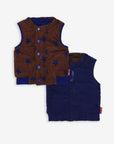 Premium reversible quilted corduroy vest in brown with star print, classic blue lining, snap buttons, stylish and versatile by Toby Tiger at brixbailey.com