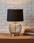 Black Ribbed Glass Table Lamp with Velvet Shade