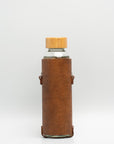 Leather Water Bottle Holder with Glass Bottle and Adjustable Strap