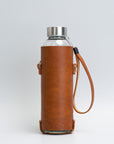 Leather Water Bottle Holder with Glass Bottle and Adjustable Strap