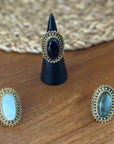 Boho Oval Gemstone Adjustable Ring – Gold/Silver Vintage Brass Statement Ring