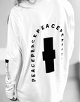 Premium relaxed fit white long sleeve with matte black graphics, 200 gsm organic cotton, handprinted limited edition by WWOOLLFF CO. at brixbailey.com