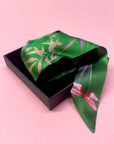 Green Silk satin 'Greenery' floral slinky silk scarf with insects and gem stones