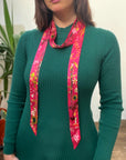 Hot pink Silk satin 'Mirasol' Ultra Skinny silk scarf with sunflowers