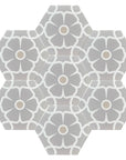 Luxury Ella porcelain floor tiles, premium hexagonal patterned anti-slip tiles for indoor and outdoor use, grey lilac floral design by Maria Starling Design at brixbailey.com