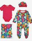 Luxury Bold Floral Baby Gift Set with Hat, Bodysuit, Romper, and Bag in Dark Blue by Toby Tiger at brixbailey.com