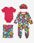 Premium Bold Floral Baby Gift Set with Hat, Bodysuit, Romper, and Tote in Dark Blue, Organic Cotton, Stylish and Comfortable by Toby Tiger at brixbailey.com
