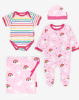 Premium organic baby gift set with hat, onesie, and bodysuit in soft certified cotton, stylish dove print and striped design by Toby Tiger at brixbailey.com
