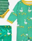 Premium Organic Baby Gift Set with Duck Design, Sleepsuit, Hat, Muslin, and Striped Bodysuit in Soft Eco-Friendly Cotton by Toby Tiger at brixbailey.com