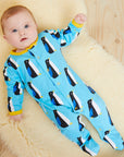 Premium Organic Baby Gift Set with Penguin Print Onesie, Hat, and Bag in Soft Blue and Yellow by Toby Tiger at brixbailey.com