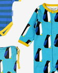 Premium Organic Baby Gift Set with Penguin Print Romper, Hat, and Bag in Soft Blue and Yellow - GOTS Certified Cotton by Toby Tiger at brixbailey.com