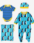 Premium Organic Baby Clothes Set with Penguin Print, Hat, and Tote Bag in Soft Blue and Yellow by Toby Tiger at brixbailey.com