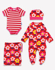 Luxury Organic Cotton Baby Gift Set with Retro Floral Print - Matching Romper, Hat, and Bodysuit in Eco-Friendly Pink by Toby Tiger at brixbailey.com