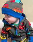 Organic Cotton Baby Gift Set with Colorful Vehicle Print - Soft Stretchy Pajamas, Bodysuit & Hat in Eco-Friendly Gift Bag by Toby Tiger at brixbailey.com