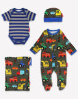 Organic Cotton Baby Gift Set with Colorful Vehicle Print - Soft Strampler, Bodysuit, Hat & Bag by Toby Tiger at brixbailey.com