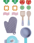 confident display of a 16-piece wooden cooking set with vibrant food on a dark slate background