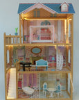 playful wooden dollhouse with glowing led lights illuminating the spiral staircase and furnished rooms