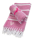 Luxury Hampton hammam towel, soft premium cotton, pink and orange stripe, quick-drying, absorbent, handloomed in Turkey, 90x180cm by Wildash London at brixbailey.com