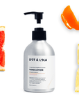 Premium citrus hand lotion with orange peel, grapefruit, lemon, green tea, and vitamin E for moisturizing, soothing, and antiseptic care by Dot & Lola at brixbailey.com