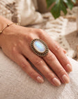 Boho Oval Gemstone Adjustable Ring – Gold/Silver Vintage Brass Statement Ring